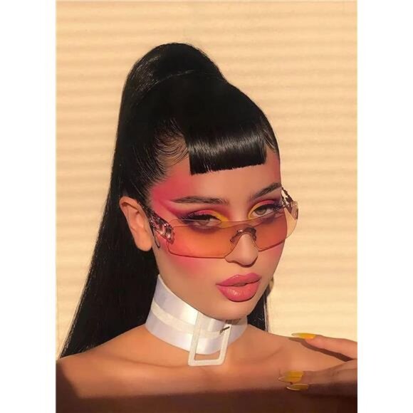 Y2K Rimless Sunglasses Flame Rectangle Vintage Retro Eyewear Unisex UV400 Fashio - Picture 2 of 7